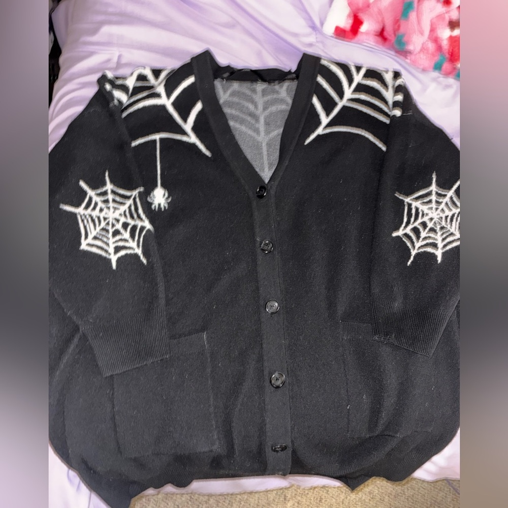 Black Cardigan with White Spider Web Design